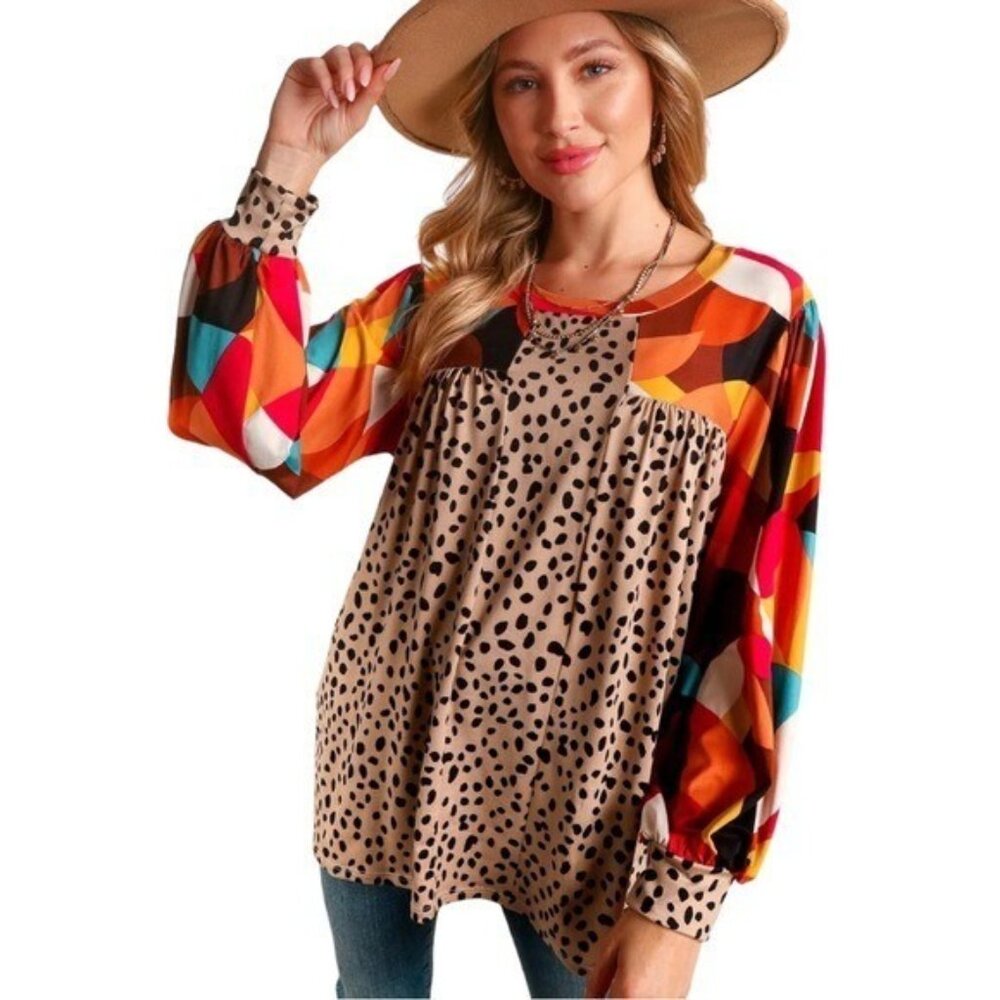 Artsy Geometric Animal Print Top Women Size large Long Sleeve Colorful Boho - Picture 4 of 16